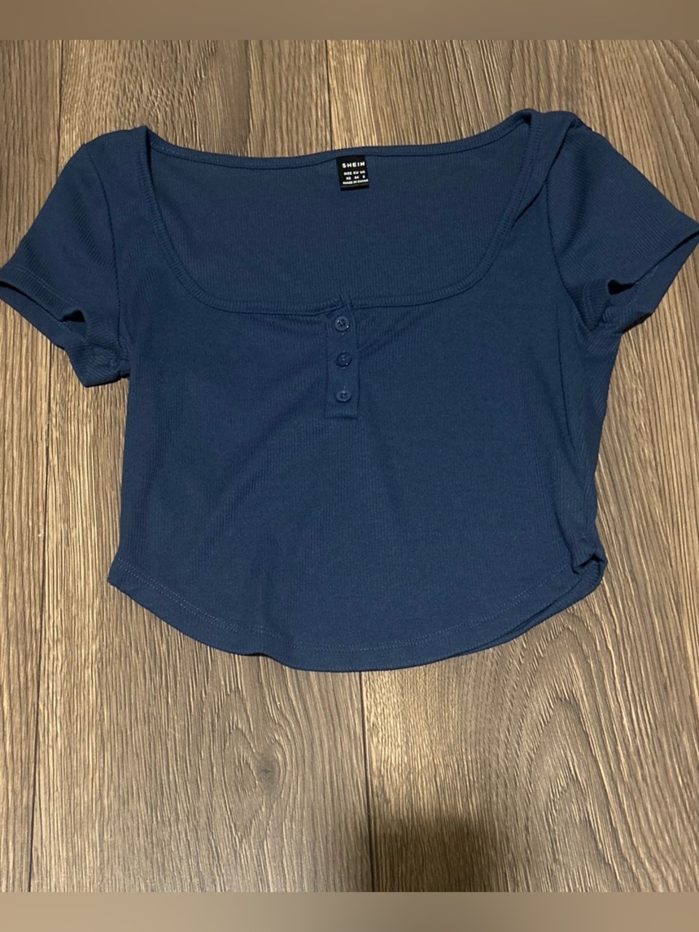 SHEIN Dark Blue Square Neck Ribbed Button Crop Top